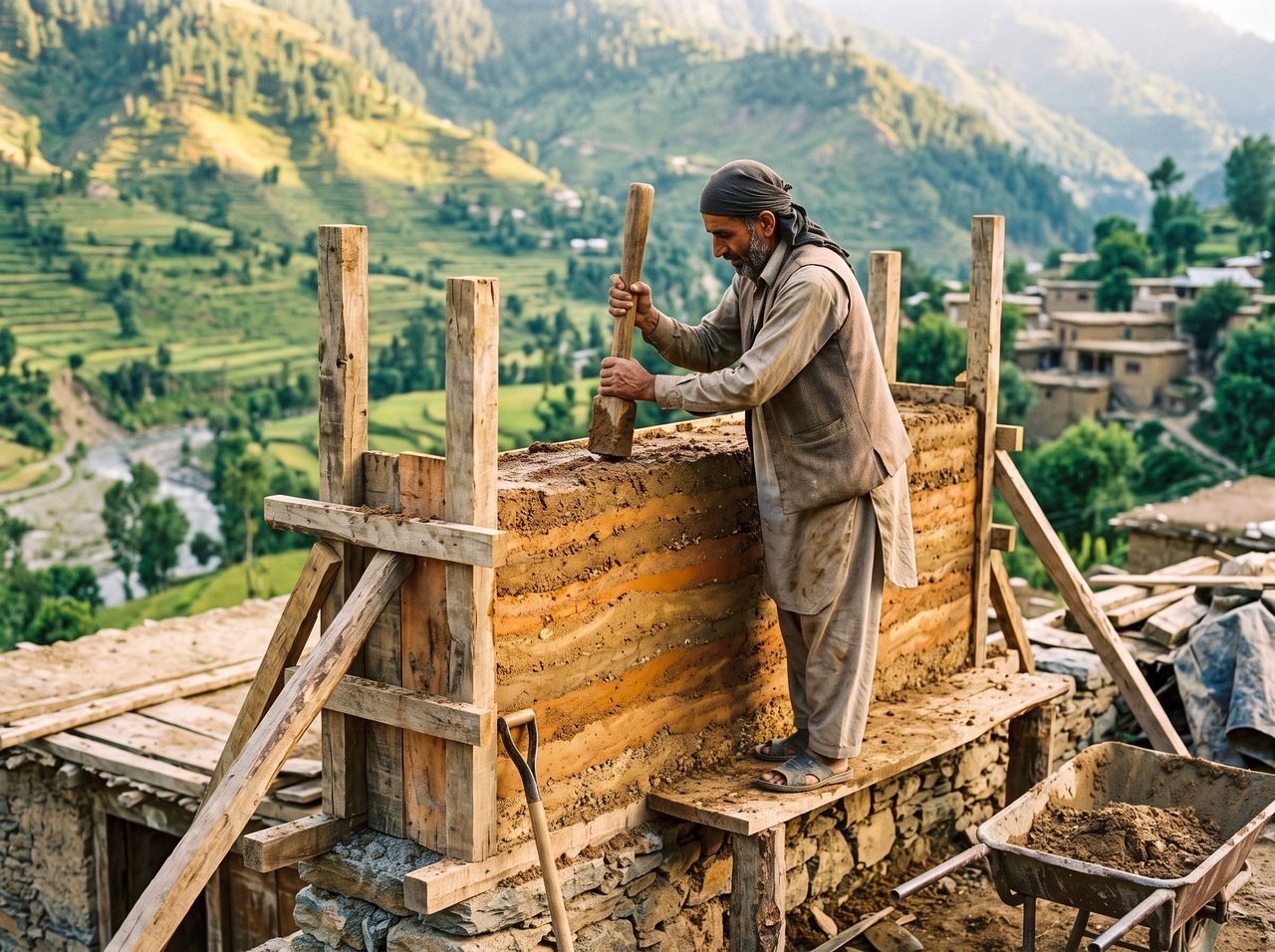 A craftsman compacting a rammed-earth wall by hand at Zen Valley, green hills behind