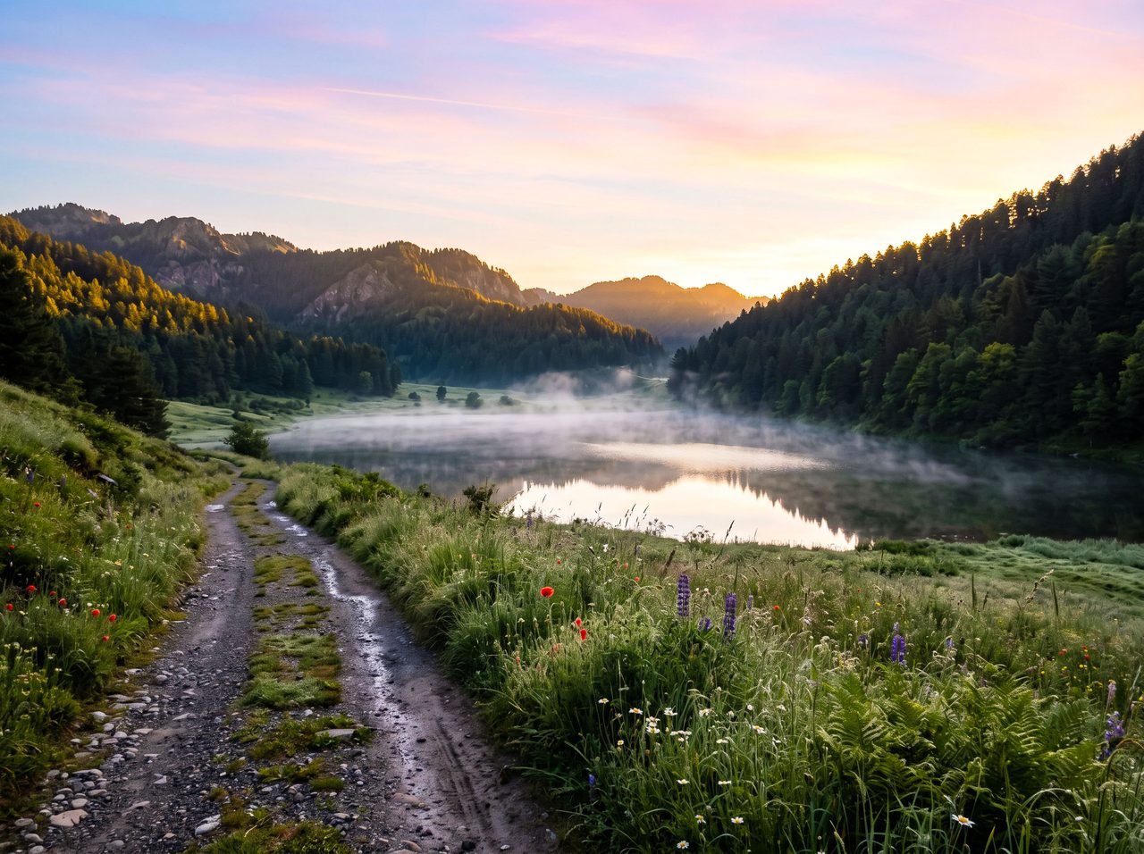 The valley at first light: mist over the lake and a track leading down through wildflowers