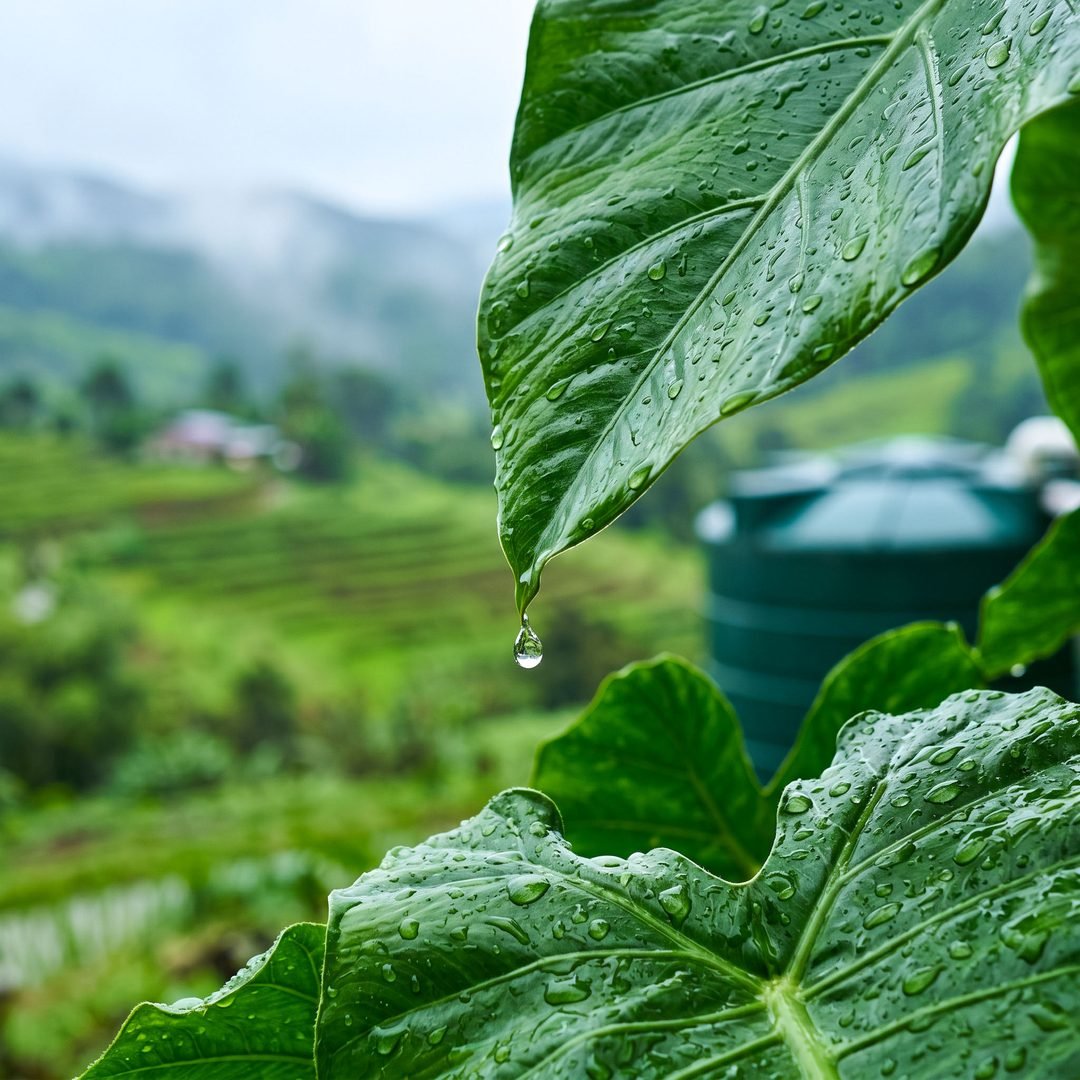Rain falling on green leaves