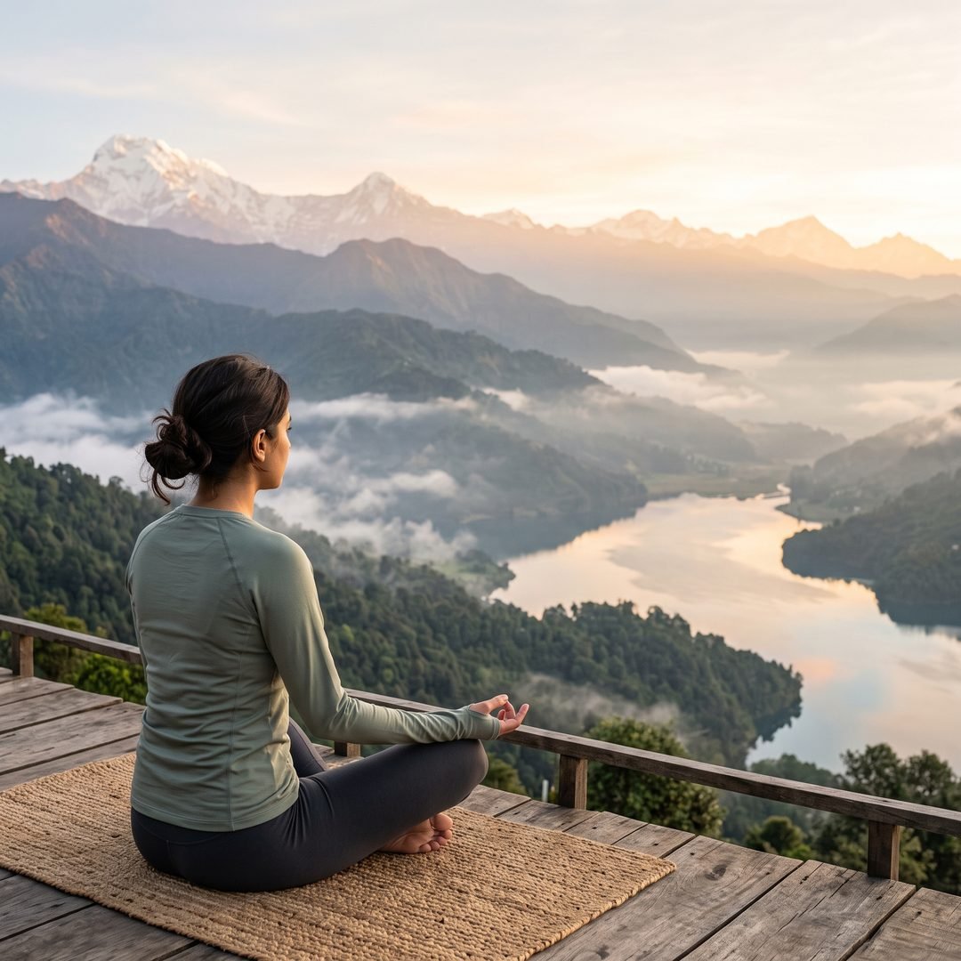A person sitting in meditation at sunrise