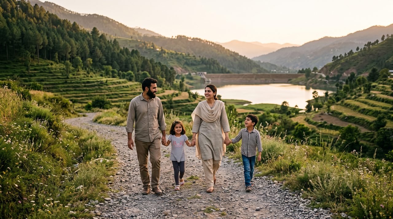 A family walking through a field at golden hour