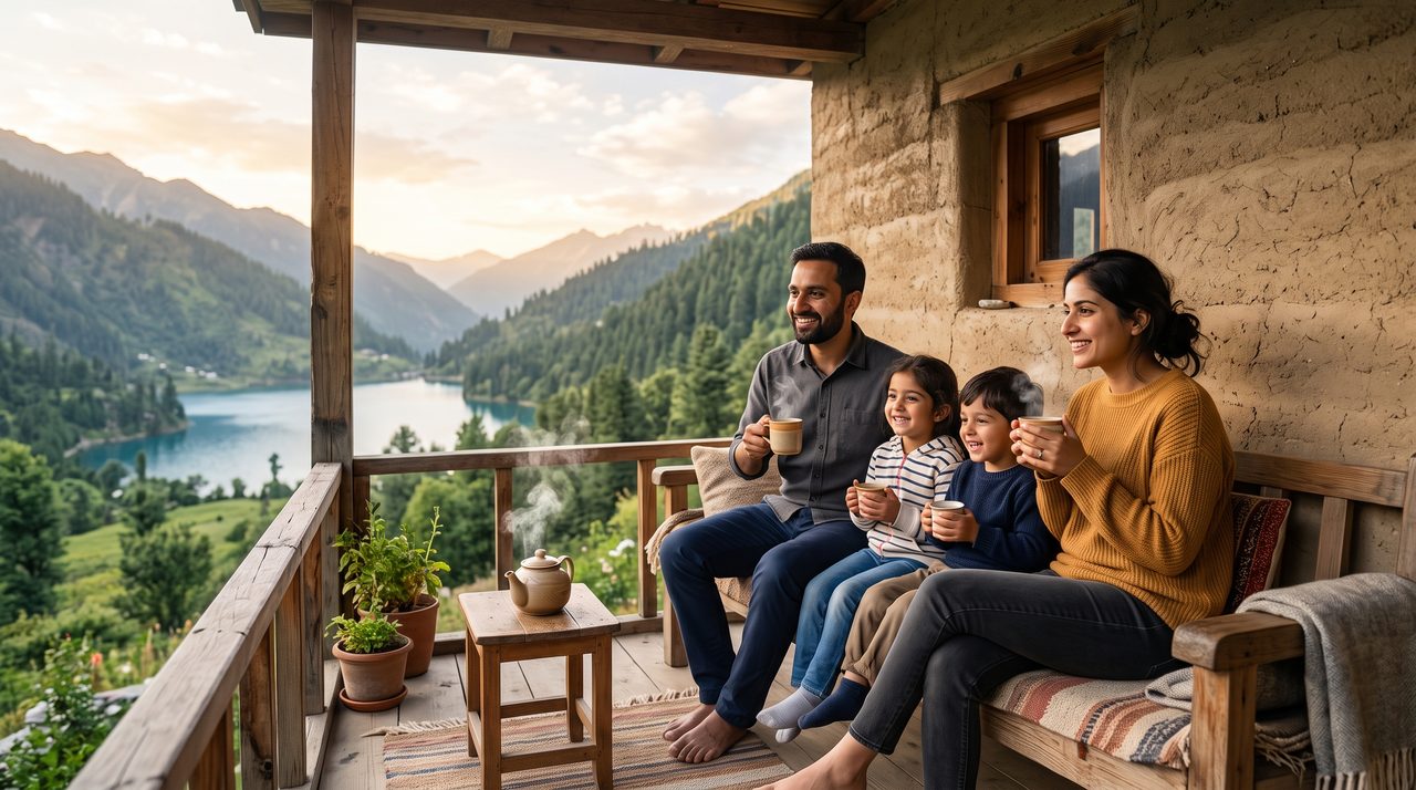A modern Pakistani family drinking chai on the veranda of an off-grid home overlooking the valley
