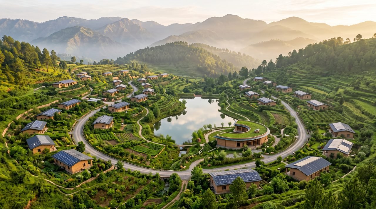 Aerial view of the Zen Valley eco-village at dawn with the eco-lake, community dam, learning centre and solar-roofed homes along contour roads