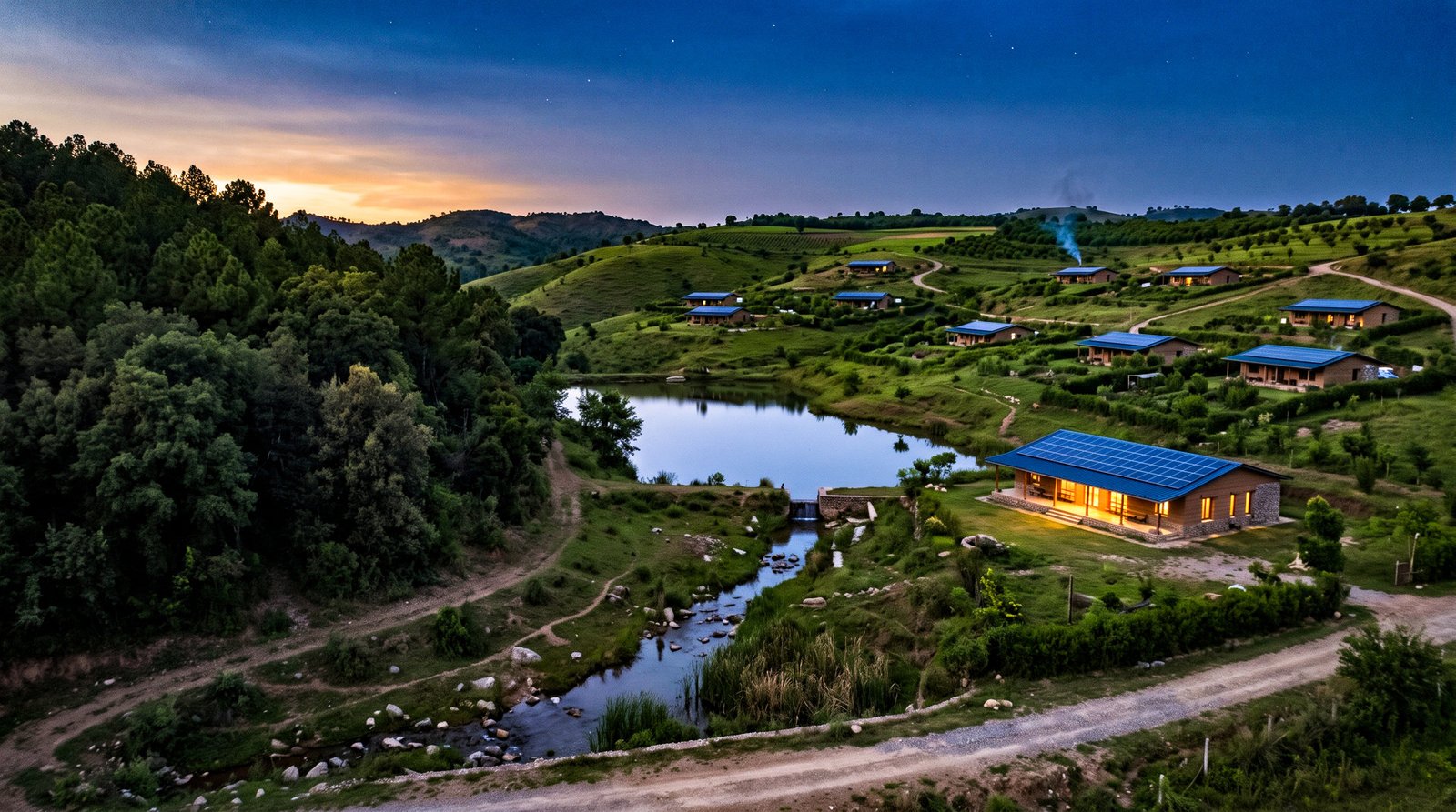 Zen Valley at dusk: the lake, community dam and warmly lit homes under the first stars