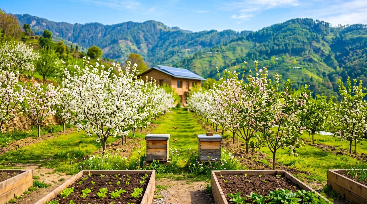 Orchard trees in spring blossom with beehives between them and a rammed-earth home behind