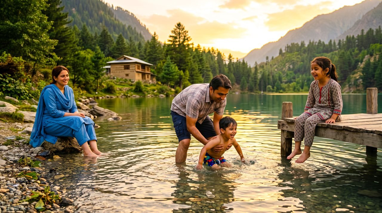 A father teaching his son to swim in the lake while the family watches from the shore and jetty