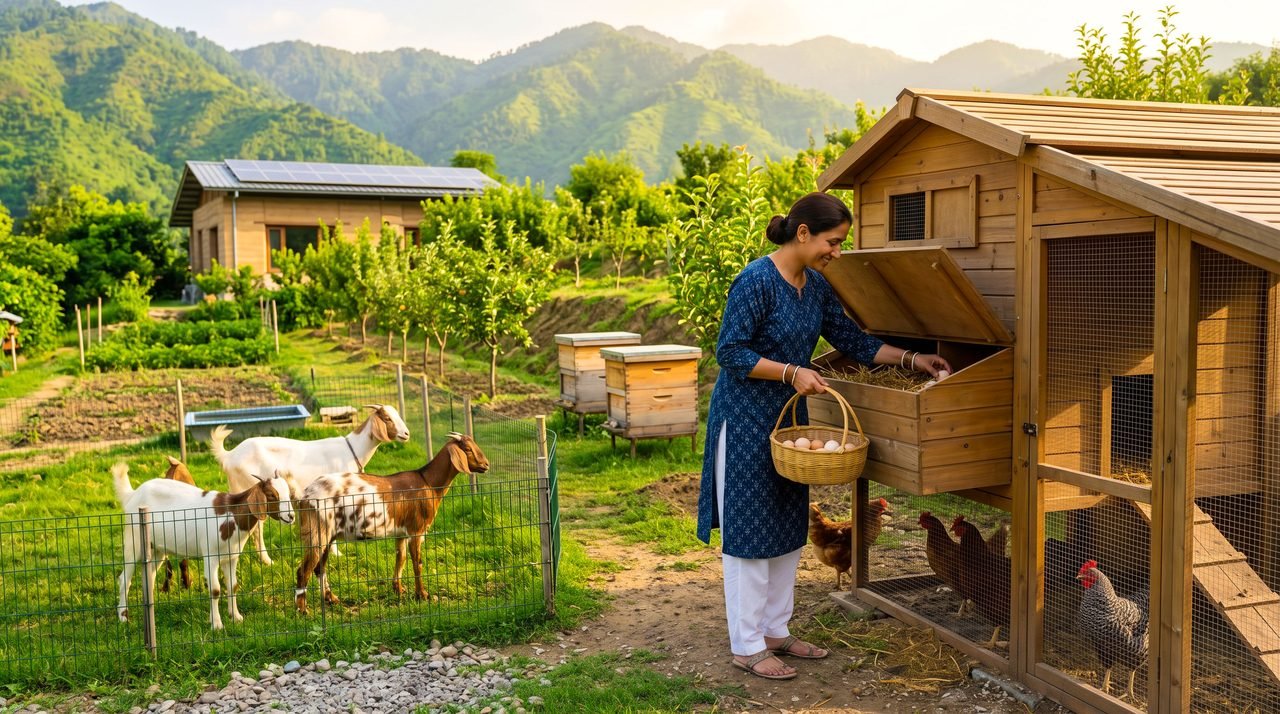 A woman collecting eggs from a hen house, with goats and beehives in the plot behind