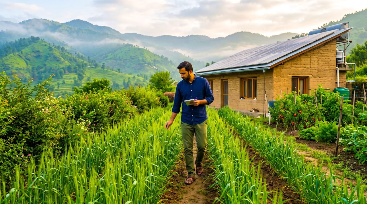 A man checking a small green wheat patch beside his solar-roofed home