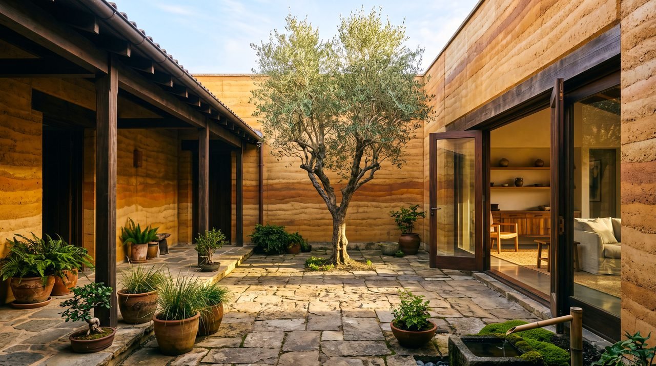 Inner courtyard of a rammed-earth home with an olive tree, stone paving and open timber doors