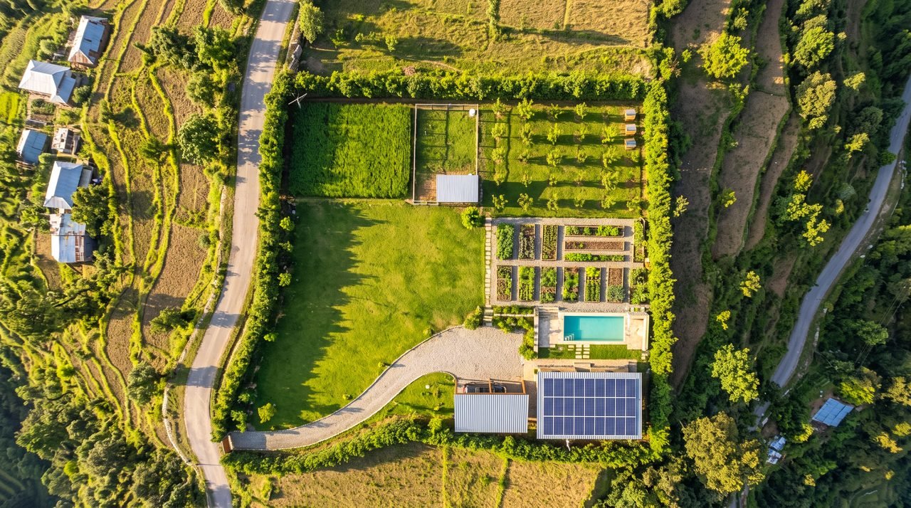 Top-down view of a five-kanal plot: a compact solar-roofed home, kitchen garden, orchard, goat shed and open lawn inside a living hedge