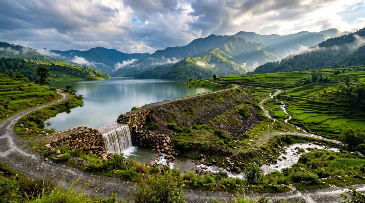 The community earthen dam and stone spillway with the lake full after monsoon rain