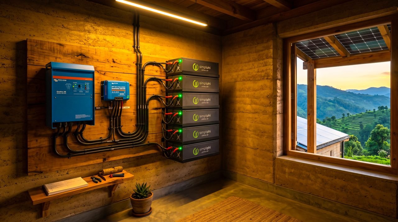 The battery and inverter room of an off-grid home, with solar panels visible through the window