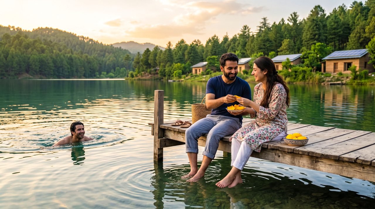 A couple sharing mangoes on a lake jetty on a summer evening while a friend swims
