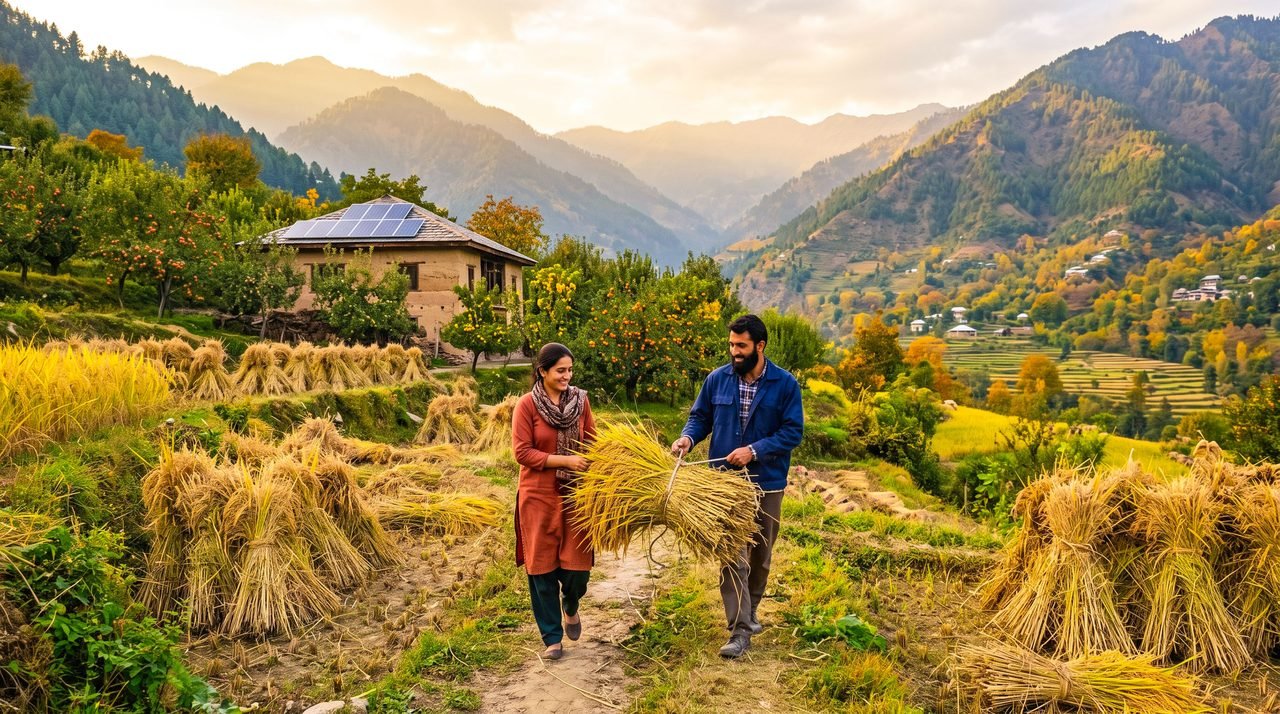 A couple carrying harvested rice sheaves through a golden autumn field in the valley