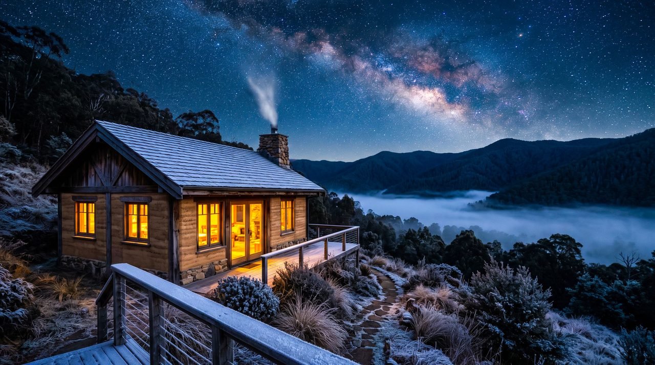 A rammed-earth home with warm lit windows under the Milky Way on a frosty winter night, mist in the valley below