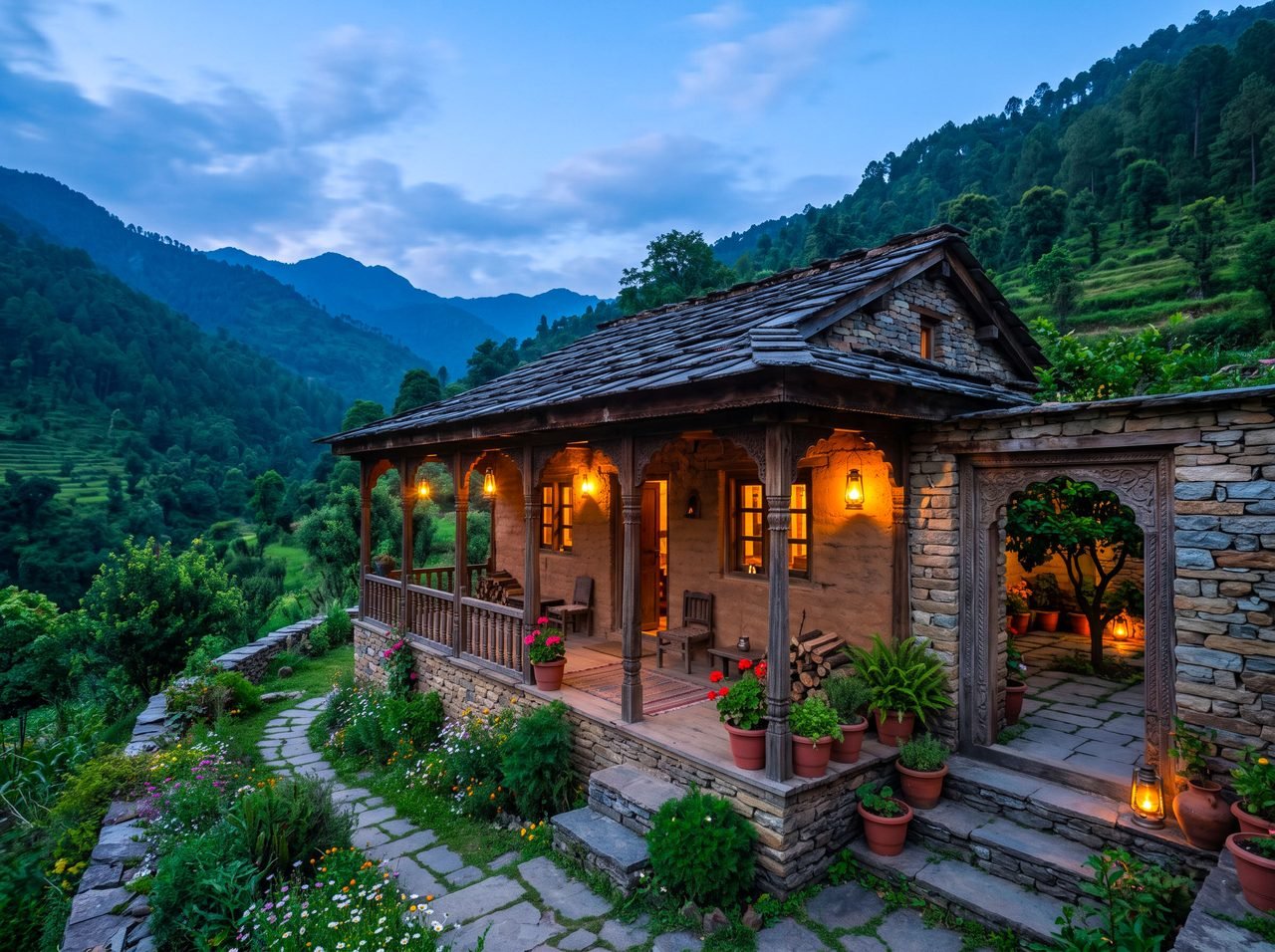 A traditional Pothohar-style stone and earth home with a deep carved-timber veranda and lanterns at dusk