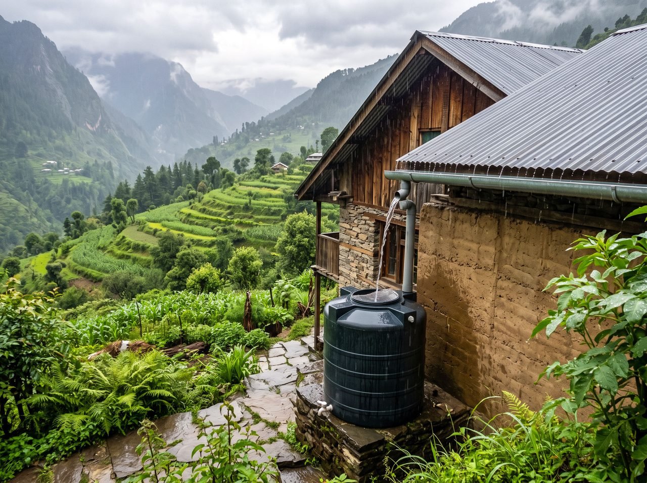 Rainwater harvesting: water running off a roof into a collection tank at a Himalayan valley home in the rain