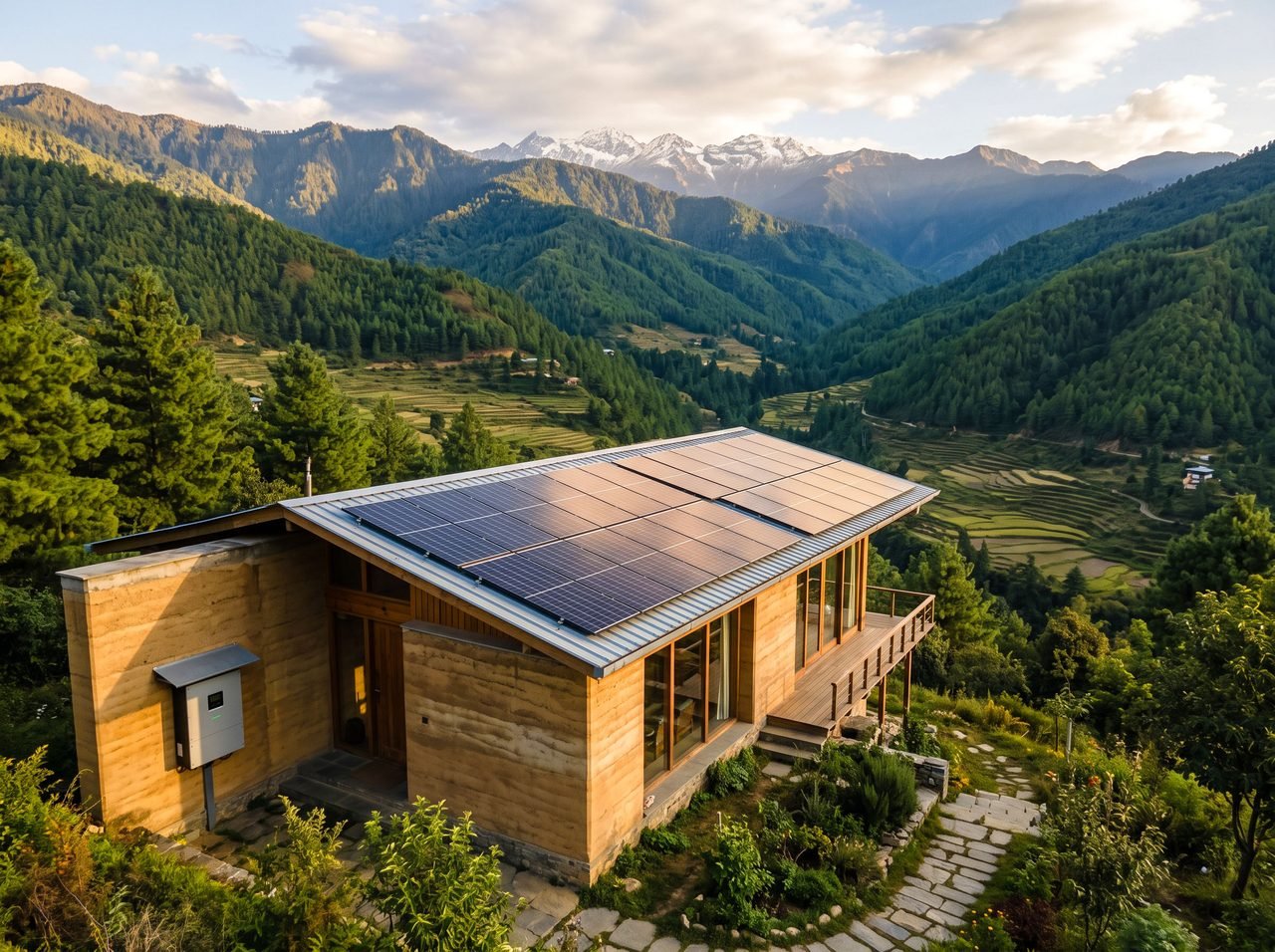 A modern rammed-earth off-grid home with a full solar roof and inverter, overlooking a green Himalayan valley